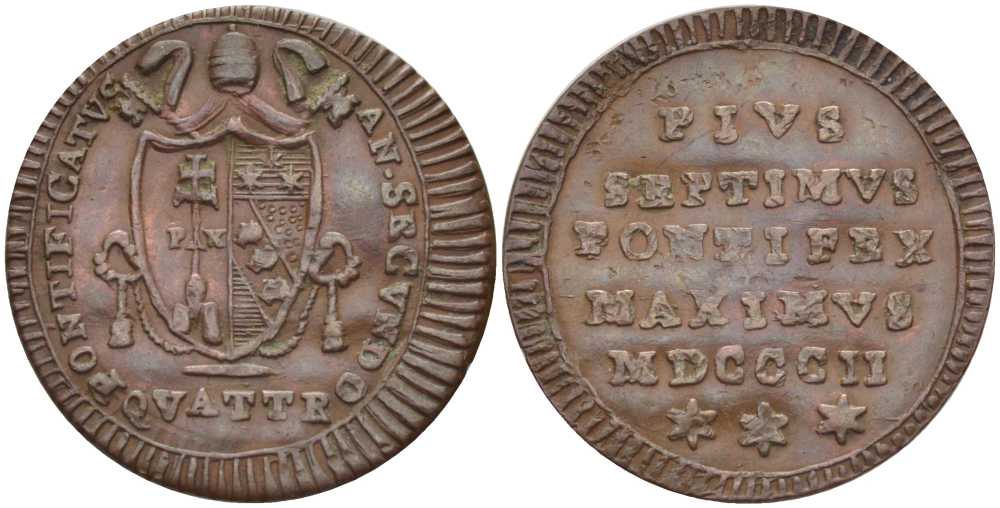 ВАТИКАН КВАТТРИНО 1802 R, ГОД II, ПАПА ПИЙ VII (1800-1823) KM 1264 (C107) медь 3896-1544