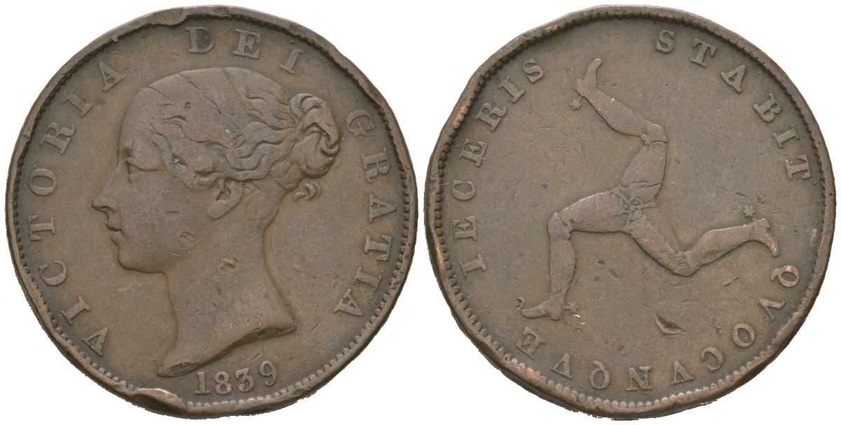 Остров Мэн 1/2 пенни 1839 Виктория KM 13 медь 94-854