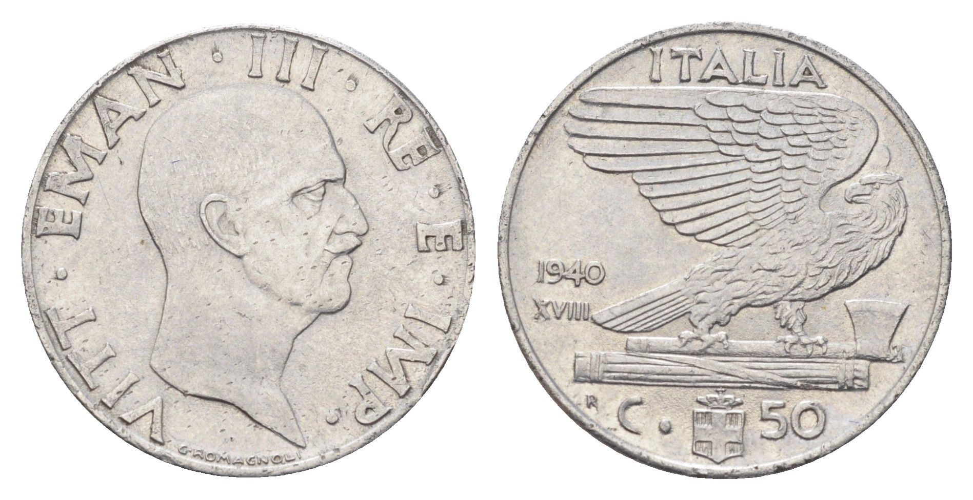 Италия 50 чентезимо 1940 R, Виктор Эммануил III (1900-1946) KM 76b нержавеющая сталь 4706-554
