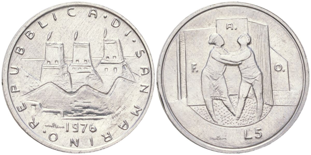 Сан-Марино 5 лир 1976 республика, ФАО KM 53 алюминий UNC 4614-412