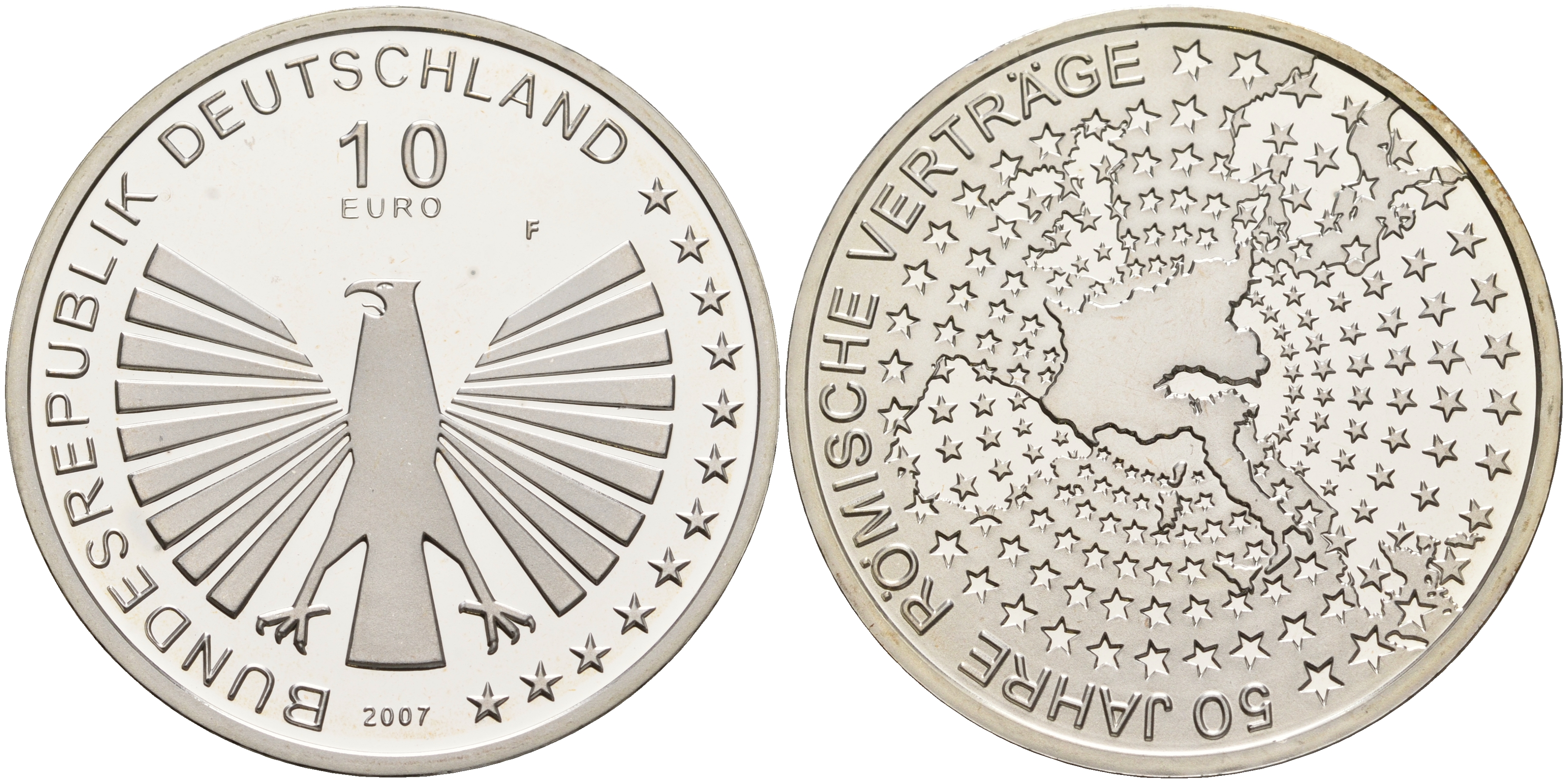 ФРГ 10 евро 2007 F, 50 лет Римскому договору KM 264, DE.S. 10.30 серебро PROOF 1076-3-65