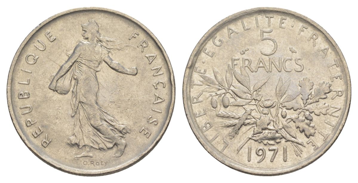 Франция 5 франков 1971 сеятель KM?926a.1, Le Franc 341.3 медно-никель плакированный никелем 4185-321