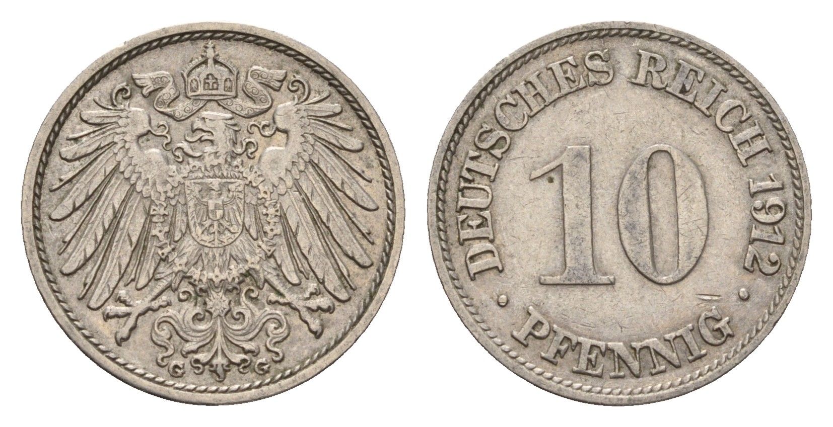 Германия 10 пфеннигов 1912 G, Вильгельм II (1888-1918) KM 12, J. 13 медно-никель 4636-939