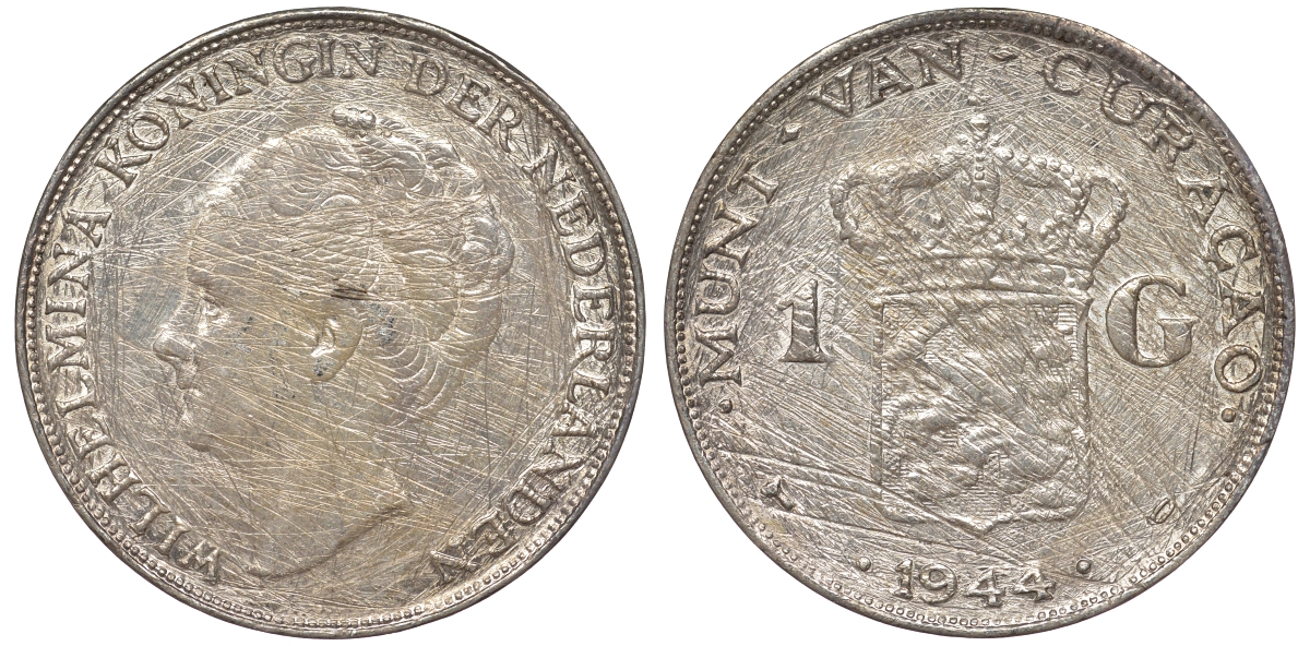 Нидерландское Кюрасао 1 гульден 1944 D, Вильгельмина (1890-1948) KM 45 серебро 36-533