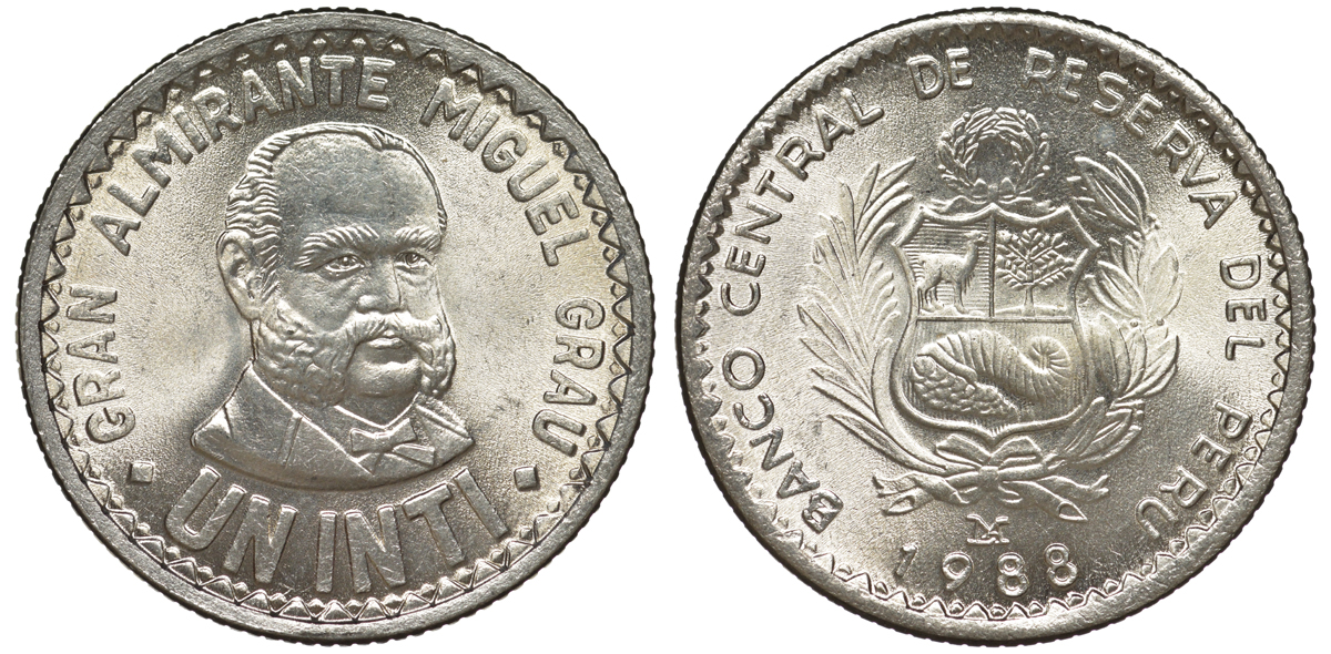 Перу 1 инти 1988 LIMA, Мигель Грау KM 296 медно-никель UNC 4605-345