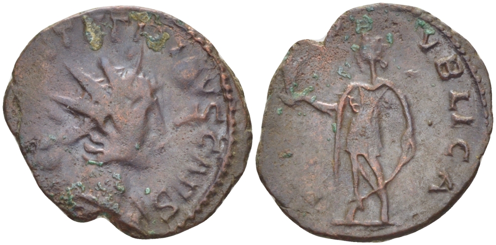 Римская Империя (императоры в Галлии) антониниан 272 - 273 Тетрик II. SPES PVBLICA, Спея, держащая цветок, Августа Треверов, Very fine RIC 272 биллон 1073-14-91