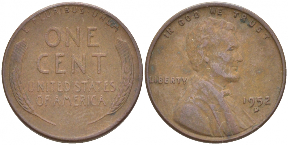 США 1 ЦЕНТ 1952 ЛИНКОЛЬН KM А132 медь цинк 3457-1239
