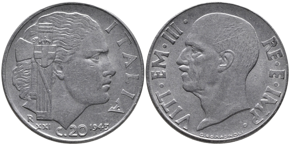 Италия 20 чентезимо 1943 R, Виктор Эммануил III (1900-1946), XXI год KM 75b, VEM3. 1031 нержавеющая сталь 83-1545