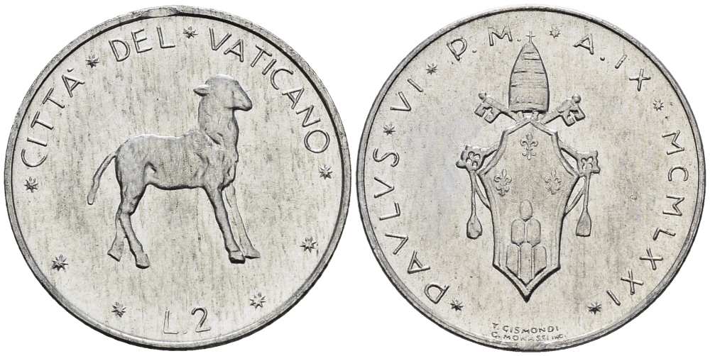 ВАТИКАН 2 ЛИРЫ 1971 ГОД IX, ПАВЕЛ VI (1963-1978), АГНЕЦ KM 117 алюминий UNC 4516-566
