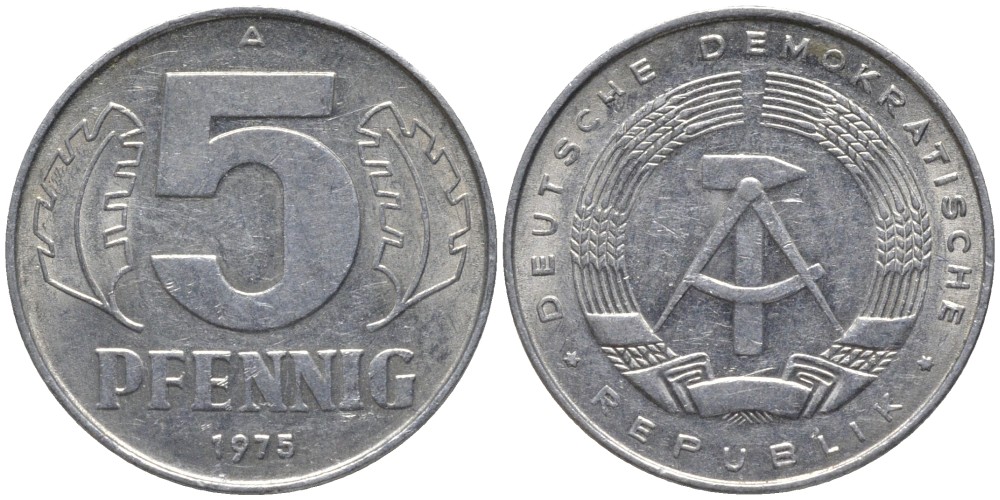 ГДР 5 пфеннигов 1975 А, монетный двор Берлин KM 9.1 алюминий 116-538