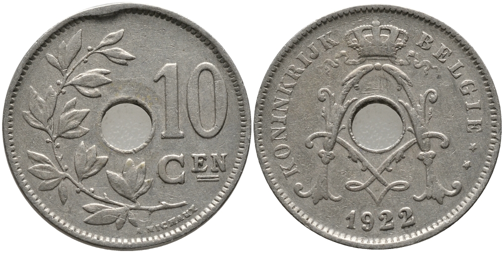 БЕЛЬГИЯ 10 САНТИМОВ 1922 BELGIE KM 86 медно-никель 4364-2744