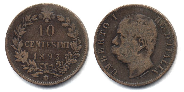 ИТАЛИЯ 10 ЧЕНТЕЗИМО 1893 B/I, УМБЕРТО I (1878-1900) KM 27.1 медь 25-516