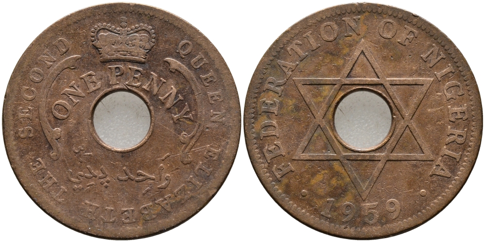 Нигерия 1 пенни 1959 Елизавета II (1952-), Британский протекторат KM 2 бронза 51-244