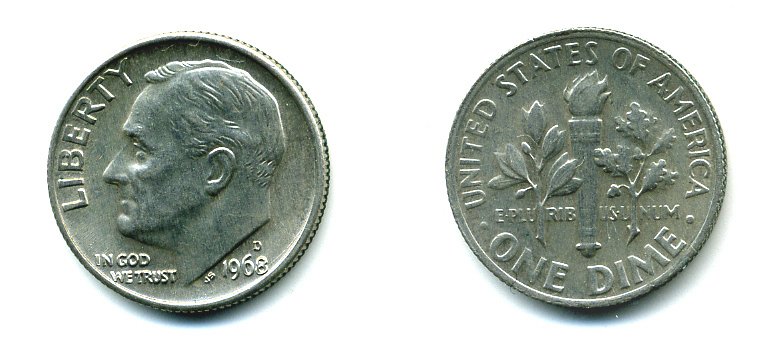 США 10 ЦЕНТОВ = 1 ДАЙМ 1968 D, РУЗВЕЛЬТ KM 195a медь плакированная медно-никелем 76-241