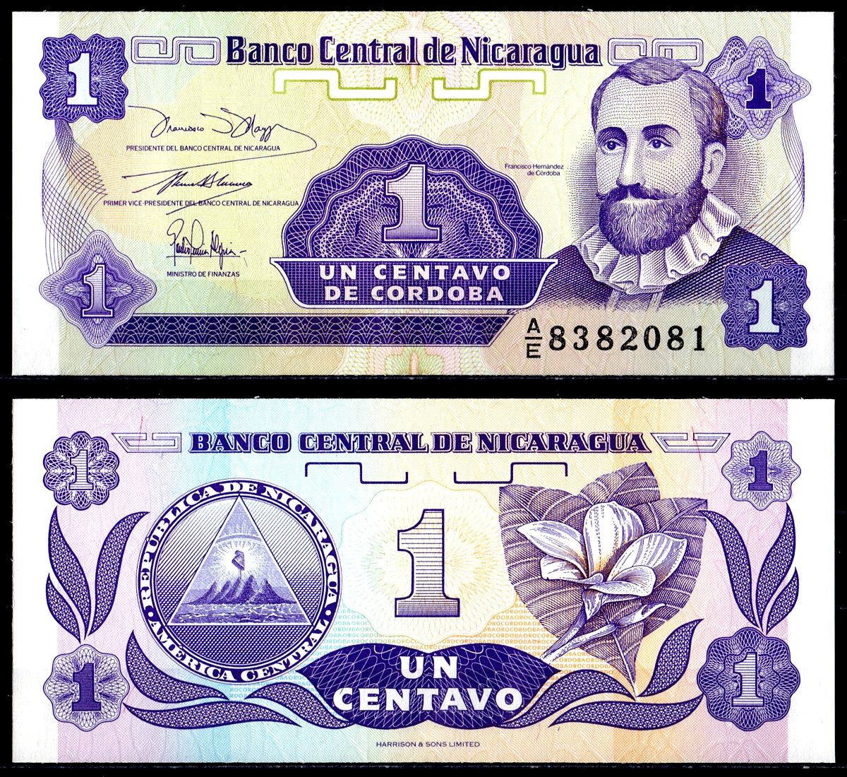 Никарагуа 1 сентаво Кордовы ND (1991) Франсиско Эрнандес де Кордоба, плюмерия Pick 167 бумага UNC (пресс) 6278-4-1-1