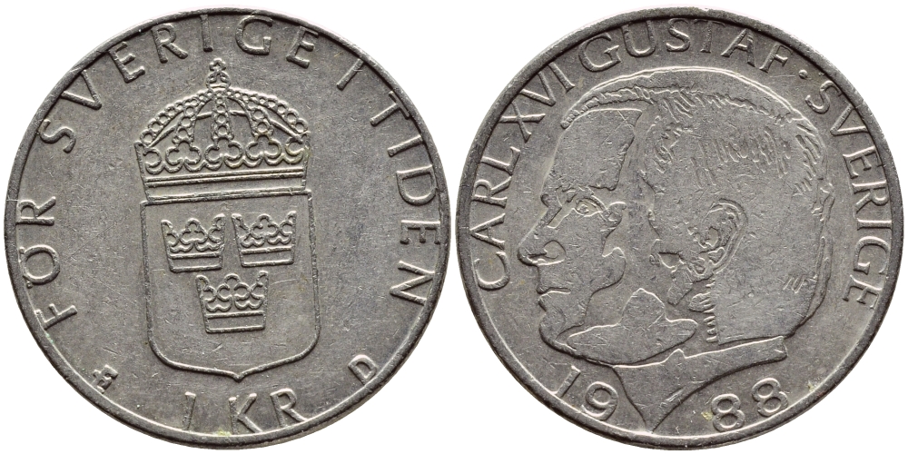 Швеция 1 крона 1988 Карл XVI Густав (1973- ) KM 852a медно-никель 4397-1223