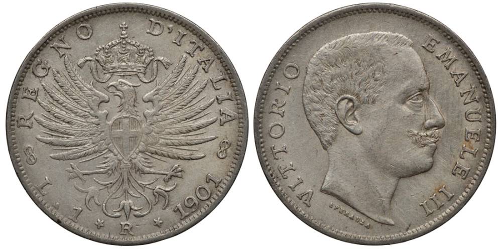 Италия 1 лира 1901 R, Виктор Эммануил III (1900-1948), Савойский орел (символ Рима) KM 32 серебро 00-00