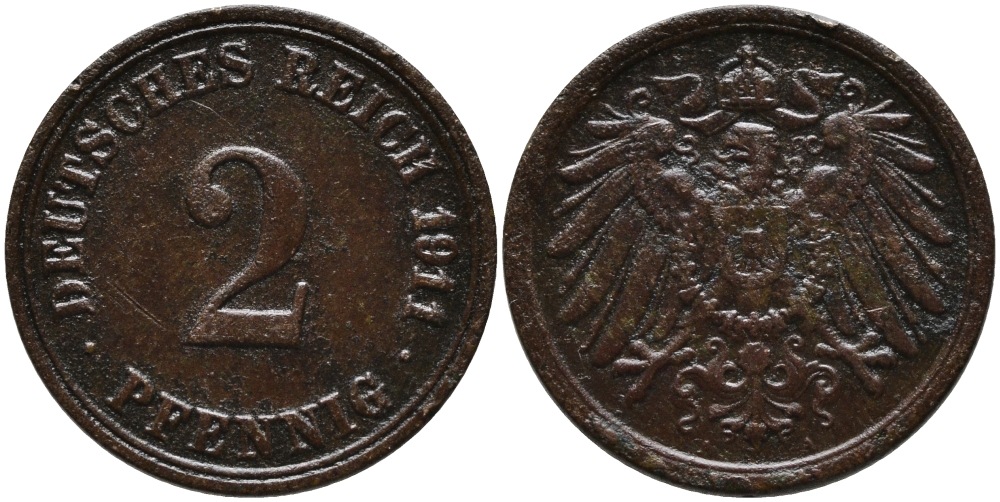 ГЕРМАНИЯ 2 ПФЕННИГА 1911 А KM 16, J.11 медь 4110-1765