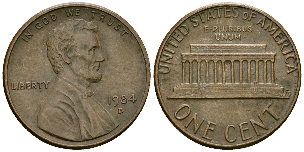 США 1 цент 1984 D, Линкольн KM 201b цинк плакированный медью 4136-241