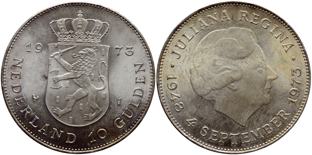 Нидерланды 10 гульденов 1973 25 лет правления королевы Юлианы KM 196 серебро UNC 1515-1725