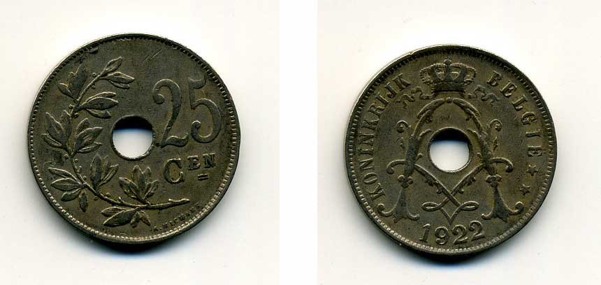 БЕЛЬГИЯ 25 САНТИМОВ 1922 BELGIE KM 69 медно-никель 41-653