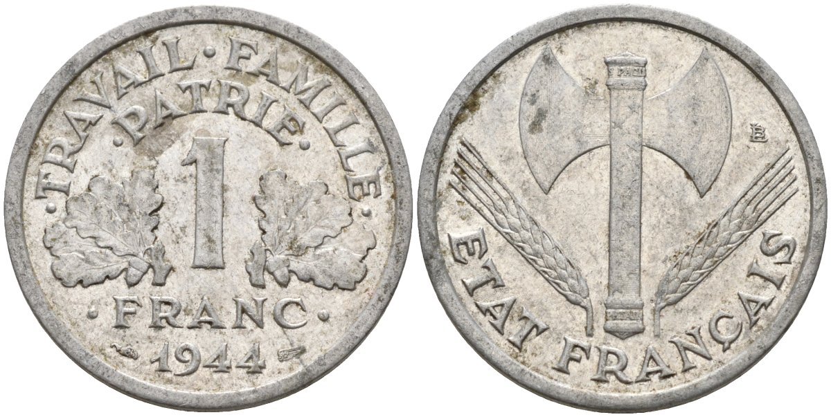 Франция 1 франк 1944 LB, тип Lourde, правительство Виши KM 902.1 алюминий 4142-937
