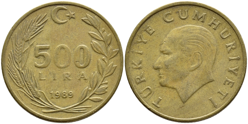 Турция 500 лир 1989 Кемаль Ататюрк KM 989 алюминиевая бронза 4397-245