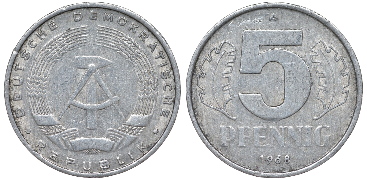 ГДР 5 ПФЕННИГОВ 1968 A KM 9.1 алюминий 62-216