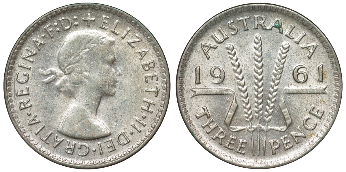 Австралия 3 пенса 1961 m, Елизавета II (1952-2022) KM 57 серебро 71-712