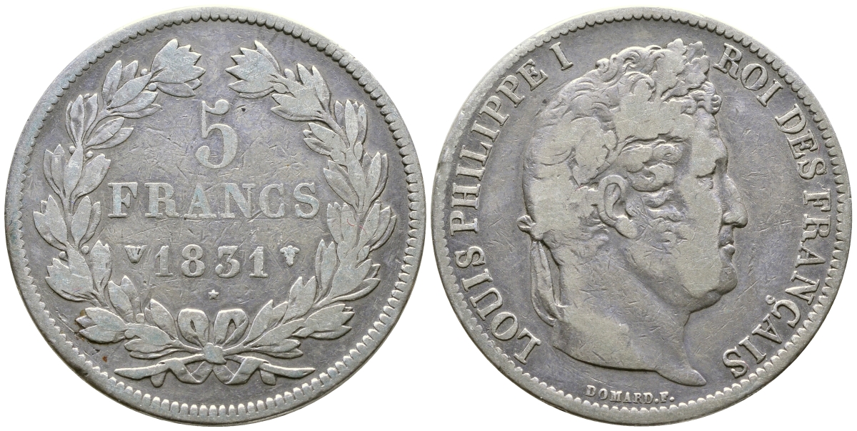 Франция 5 франков 1831 W, Луи Филипп I (1830-1848) KM 745.13 серебро 79-721