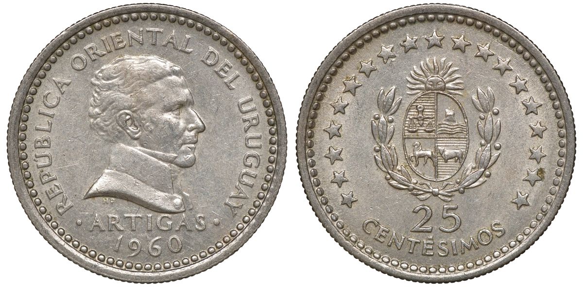 Уругвай 25 сентесимо 1960 KM 40 медно-никель 4169-824