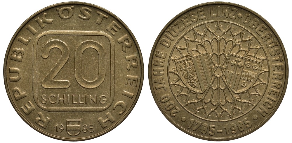 Австрия 20 шиллингов 1985 200 ЛЕТ ЕПАРХИИ В ЛИНЦЕ KM 2970 алюминиевая бронза UNC 3855-921