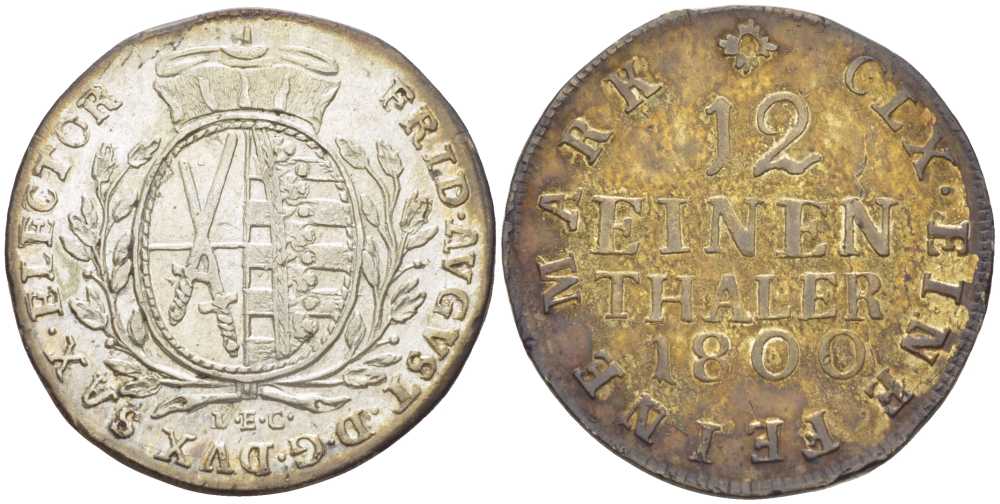 САКСОНИЯ 1/12 ТАЛЕРА 1800 IEC, ФРИДРИХ АВГУСТ III (1763-1806) KM 956 (C100) серебро 210-225
