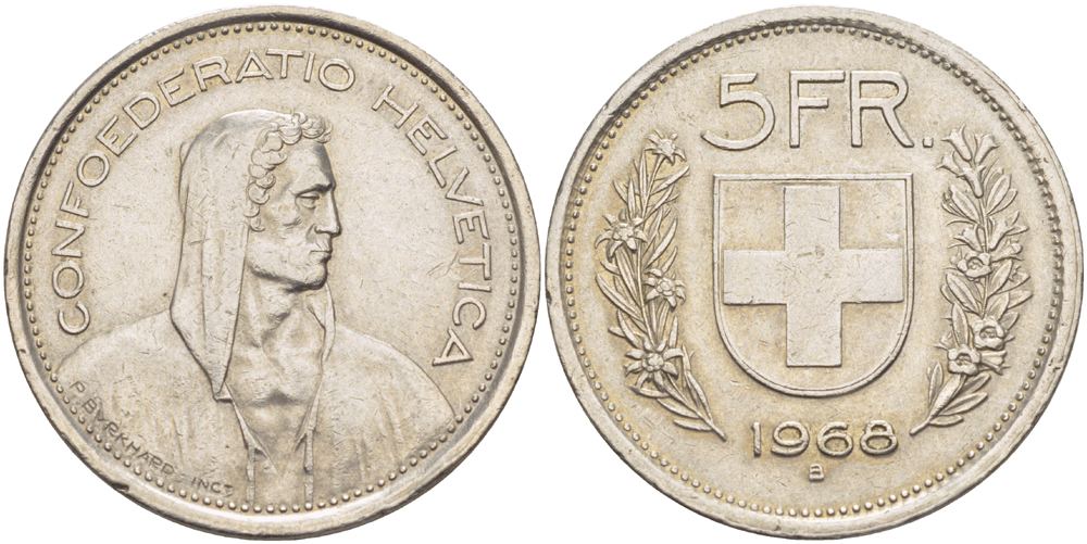 Швейцария 5 франков 1968 В, первый год KM 40а.1 медно-никель 79-336