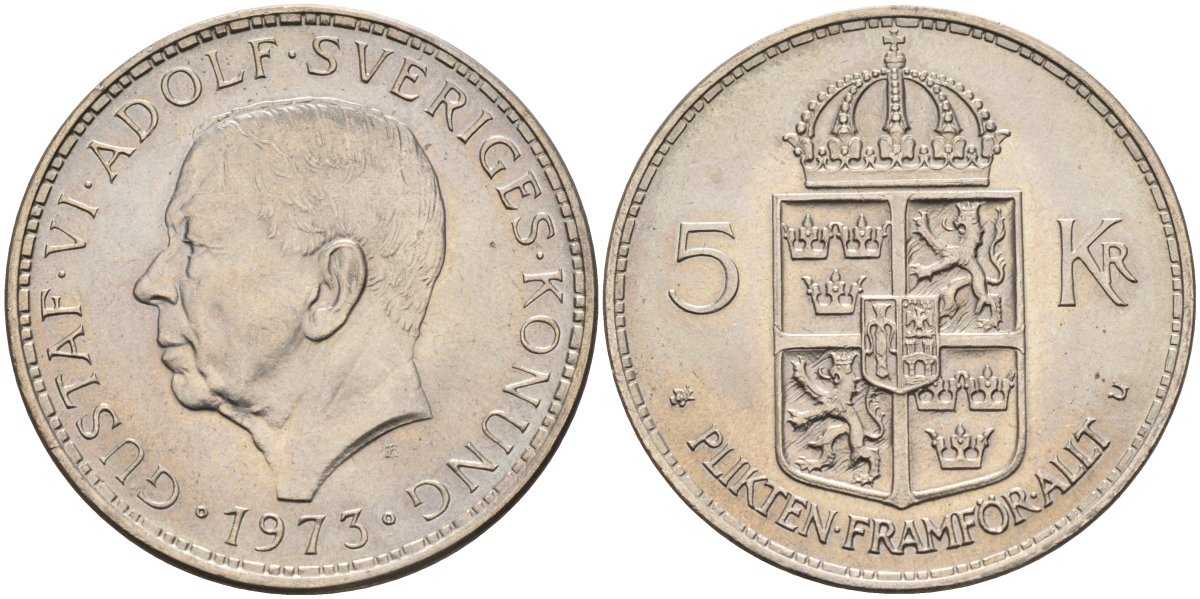 Швеция 5 крон 1973 Густав VI Адольф (1950-1973) KM 846 медно-никель плакированный никелем UNC 4526-226