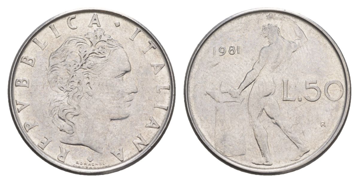 Италия 50 лир 1981 R, Бог огня Вулкан у наковальни KM 95.1 нержавеющая сталь 4633-753