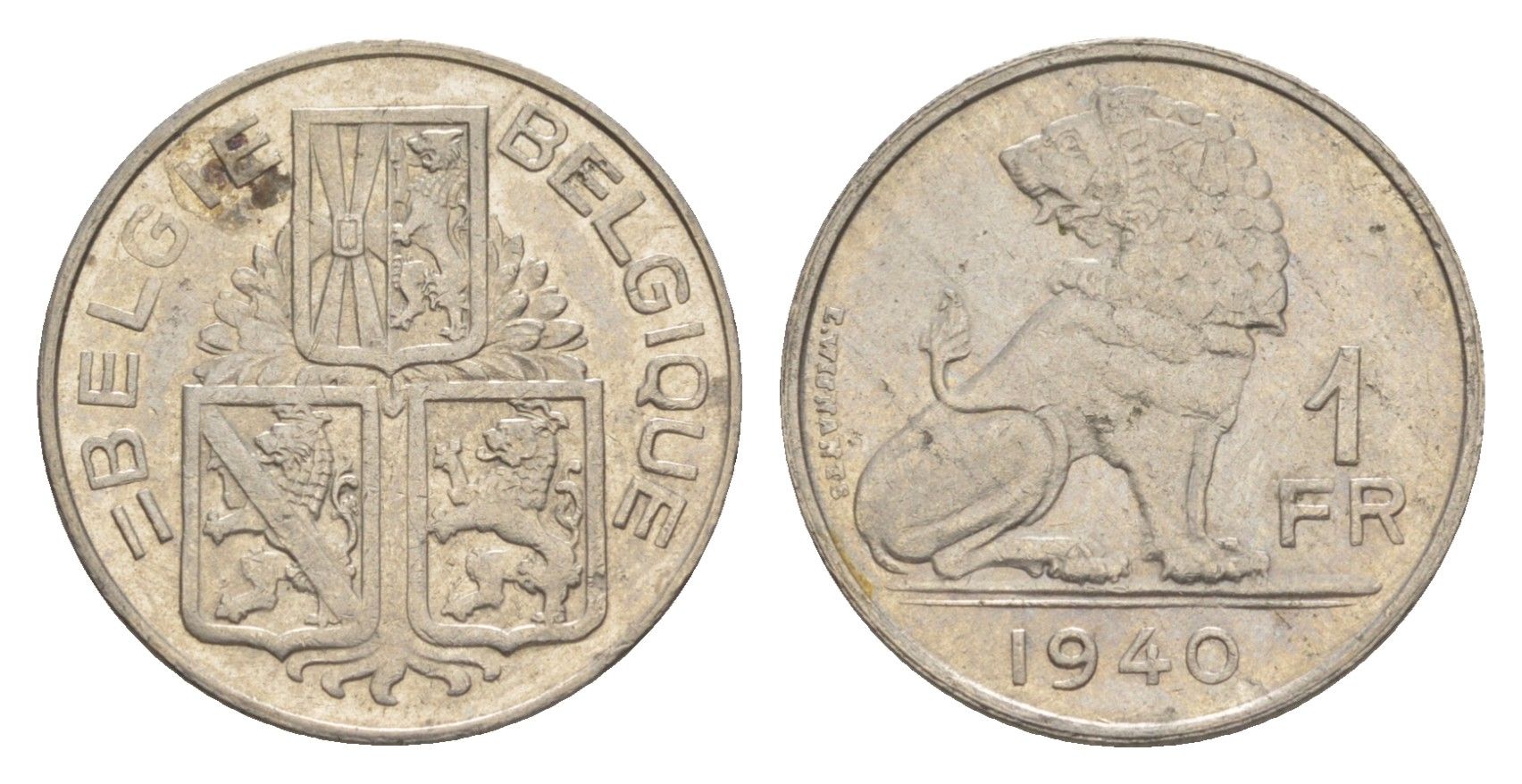 Бельгия 1 франк 1940 Belgie - Belgique, Леопольд III (1934-1947) KM 120 никель 4619-1046