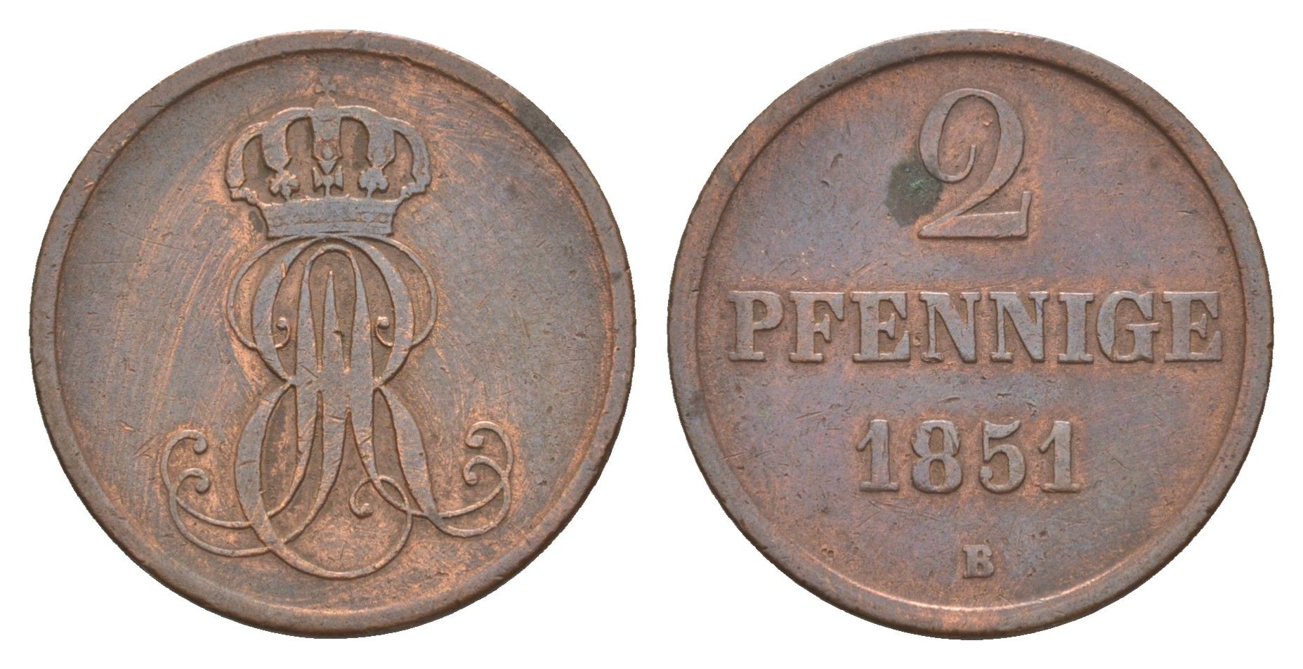 Ганновер 2 пфеннига 1851 B, Эрнст Август I (1837-1851) KM 202.1, AKS 124, J. 75 медь 4657-725