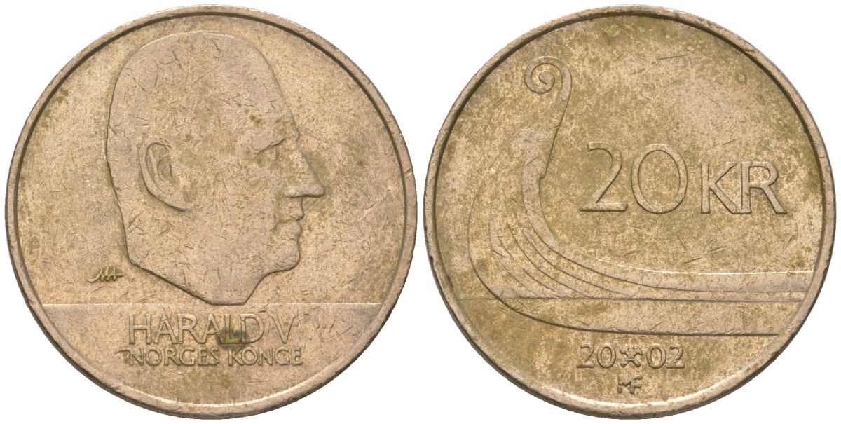Норвегия 20 крон 2002 Харальд V (1991-) KM 453 никель латунь 4137-725