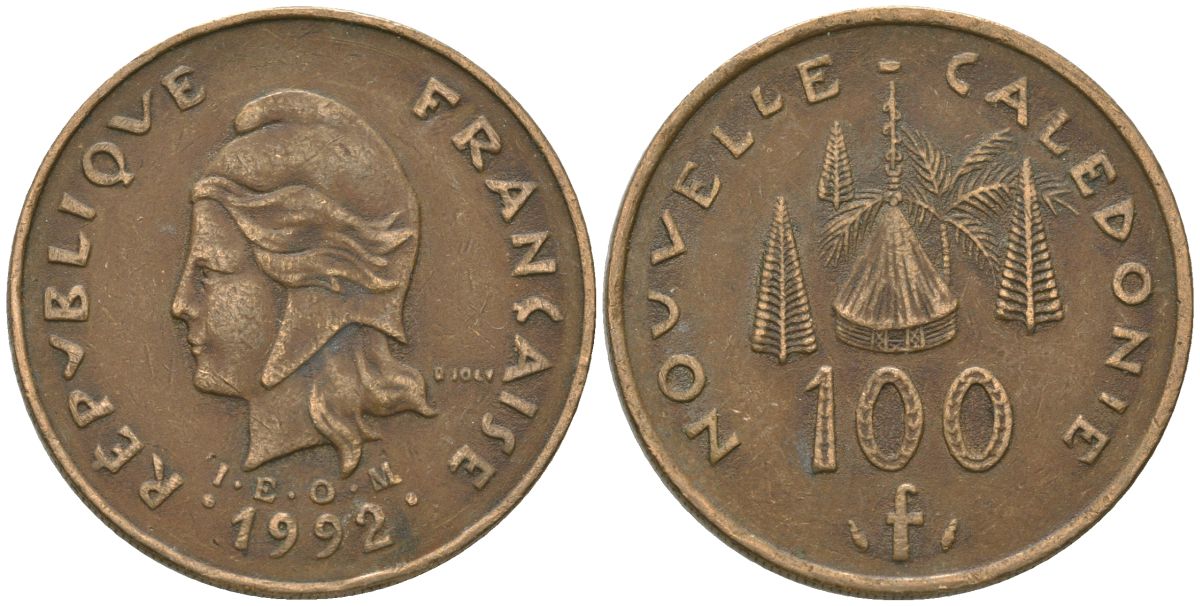 Французская Новая Каледония 100 франков 1992 хижина среди сосен и пальм, (IEOM) KM 15, Schoen 16, Lec 137 никель бронза 88-746