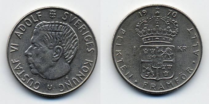 Швеция 1 крона 1970 Густав VI Адольф (1950-1973) KM 826a медь плакированная медно-никелем 25-945
