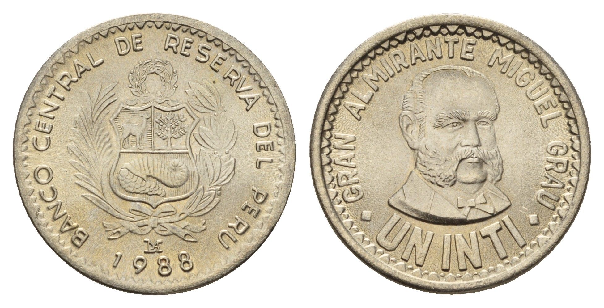 Перу 1 инти 1988 LIMA, Мигель Грау KM 296 медно-никель UNC 3334-535