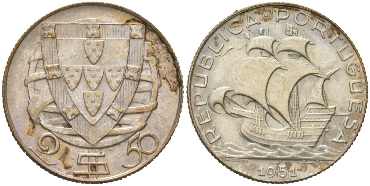 Португалия 2,5 эскудо 1951 KM 580 серебро aUNC 4579-121