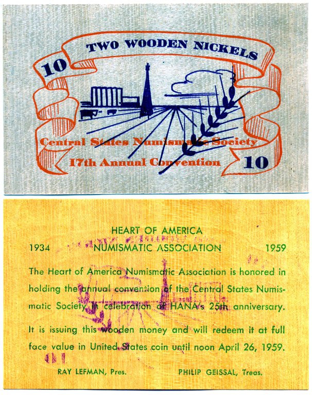 Канада 2 деревянных никеля= 10 центов 1959 нумизматическая ассоциация Центральной Америки   дерево  UNC (пресс) 7146-60-4-1