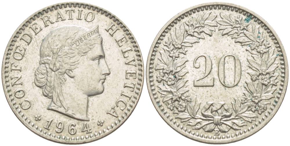 Швейцария 20 раппенов 1964 B KM 29а медно-никель 4511-926