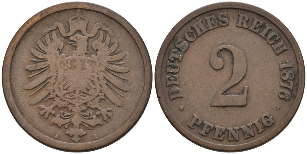 Германия 2 пфеннига 1876 A, старогербовка KM 2, J. 2 медь 4575-711
