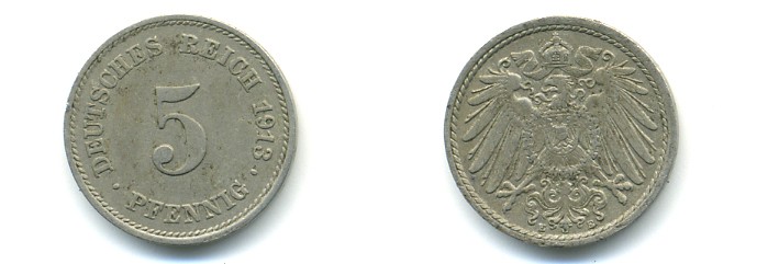 ГЕРМАНИЯ 5 ПФЕННИГОВ 1913 E, KM 11, J. 12 медно-никель 4379-717