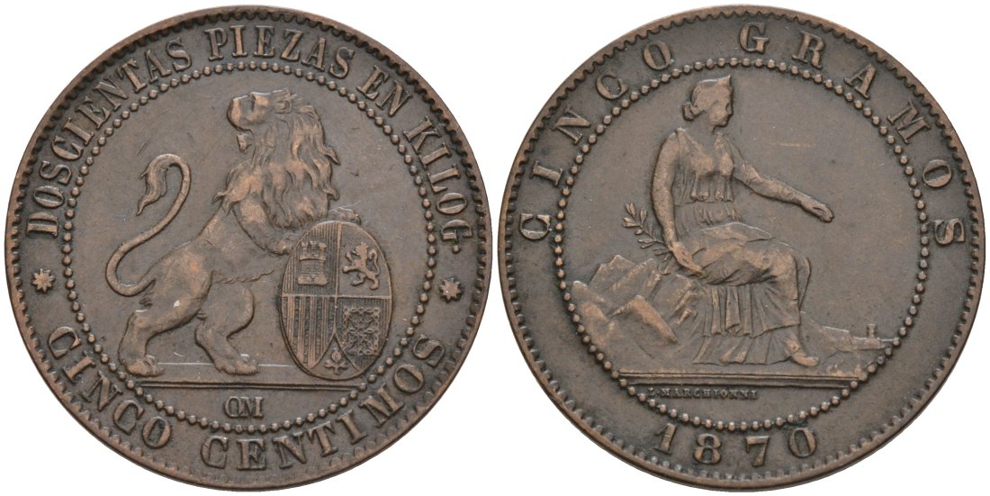 Испания 5 сентимо 1870 ОМ, лев со щитом KM 662 (Y53) медь 4571-1057