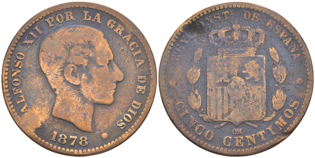 ИСПАНИЯ 5 СЕНТИМО 1878 ОМ, АЛЬФОНСО XIII KM 674 бронза 3853-1236