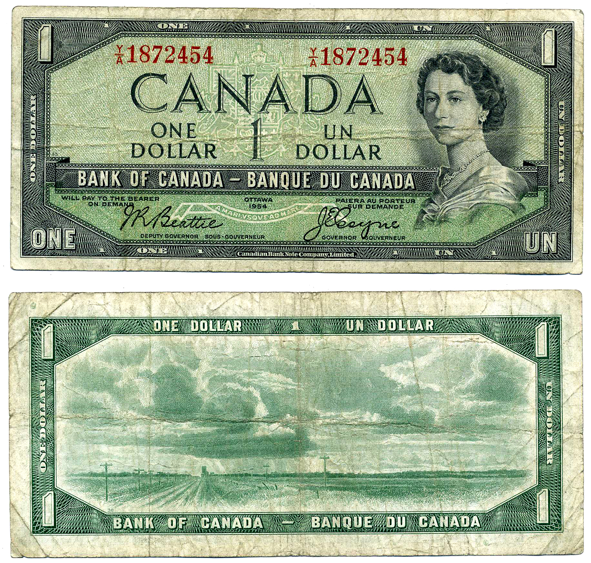 Канада 1 доллар 1955-1961 подписи BEATTIE-COYNE, CBNC Pick 74a бумага 2197-2-1-1